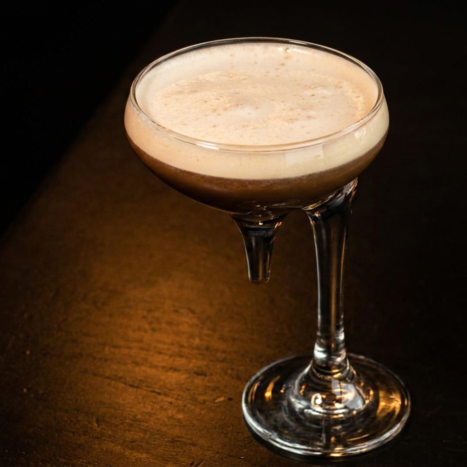 Espresso martini with foam in a coupe glass on a dark, reflective surface.