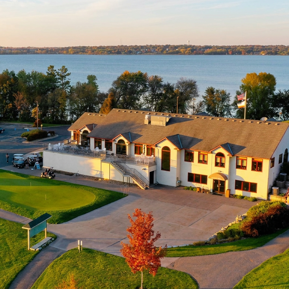 Aerial view of a golf course clubhouse by a lake, with green fairways and autumn trees.