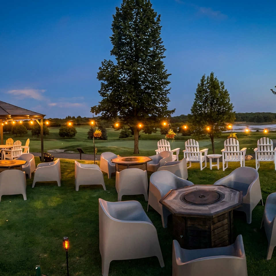Outdoor patio at dusk with string lights, fire pits, and seating overlooking a lake and golf course.