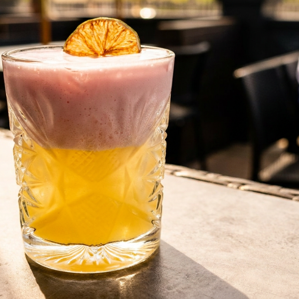 A vibrant yellow and pink layered cocktail, garnished with a dried orange slice, sits on a bar.
