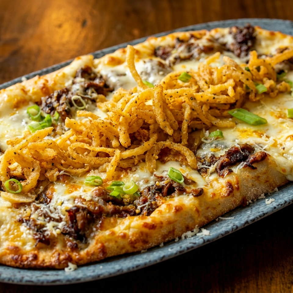 Flatbread pizza with melted cheese, shredded meat, crispy fried onions, and green onions on a blue plate.