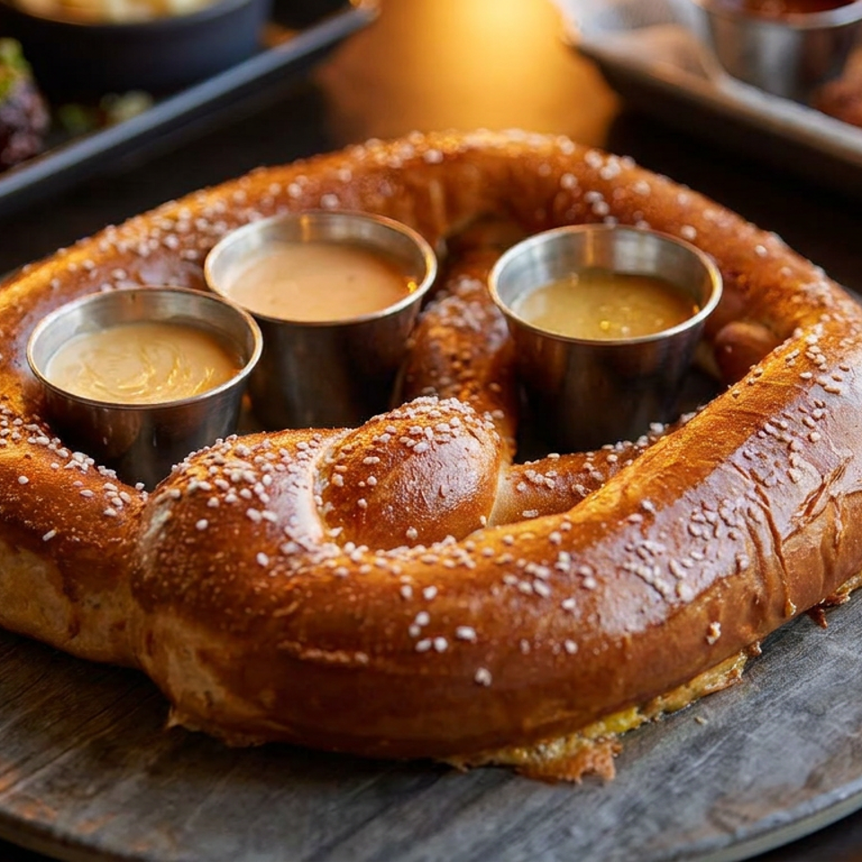 Large, salted pretzel with three dipping sauces on a dark, rustic wooden board.