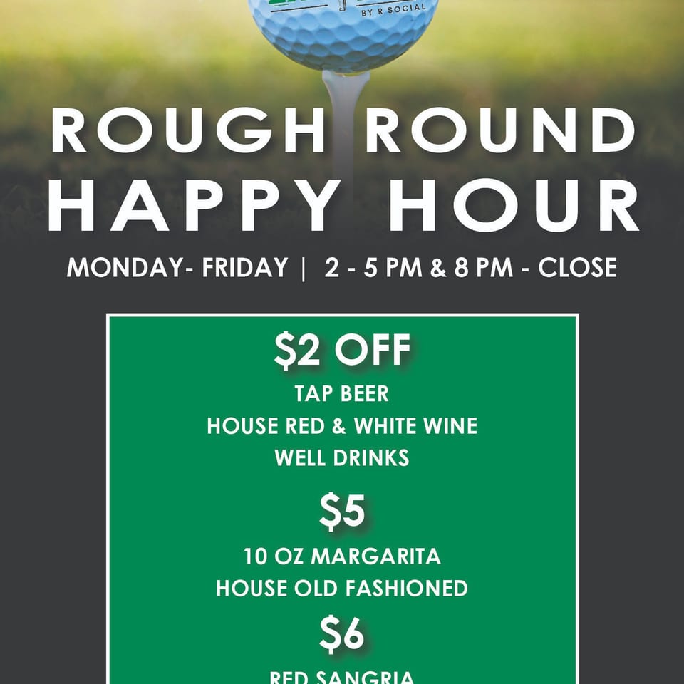 Tap Inn promotional graphic featuring a golf ball logo and Rough Round Happy Hour drink specials, Monday through Friday.