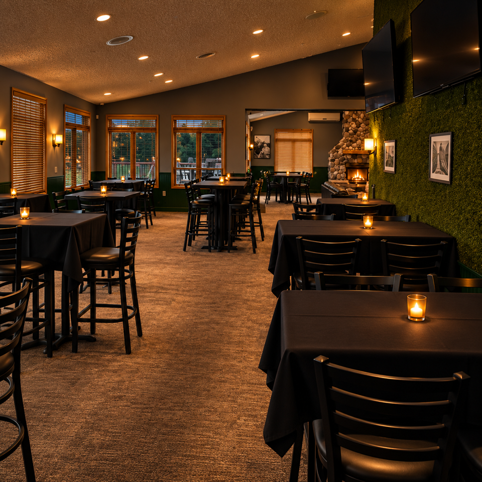 Warmly lit restaurant dining room with black tablecloths, candlelit tables, windows, televisions, and a stone fireplace.