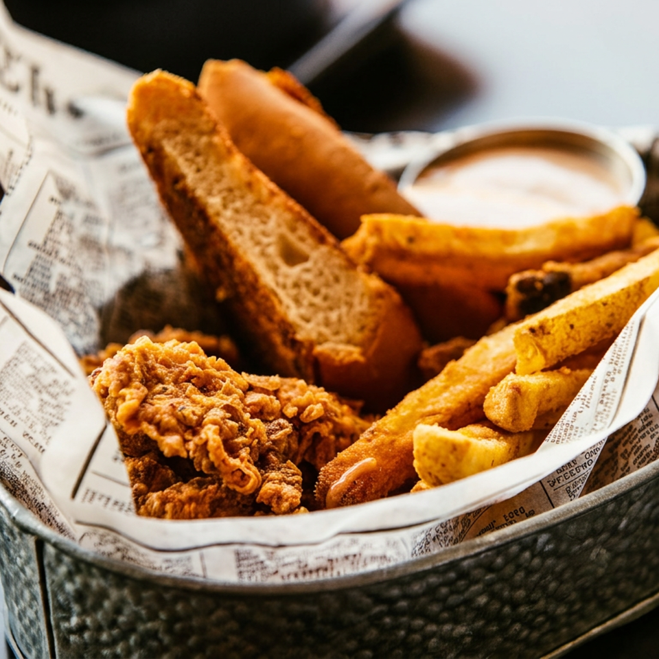 A metal basket holds fried chicken, french fries, garlic bread, and dipping sauce, lined with newspaper.