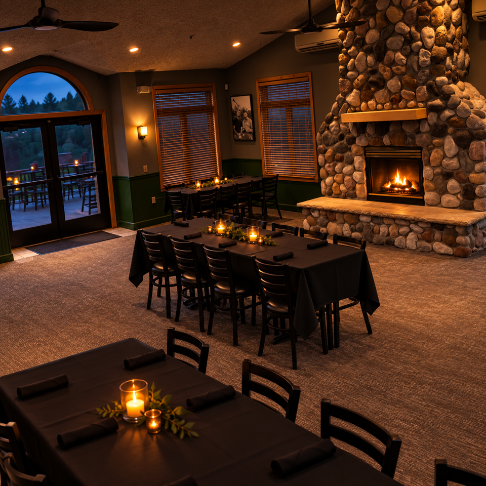 Warmly lit restaurant dining room with candlelit tables, dark linens, wooden chairs, and a rustic stone fireplace.