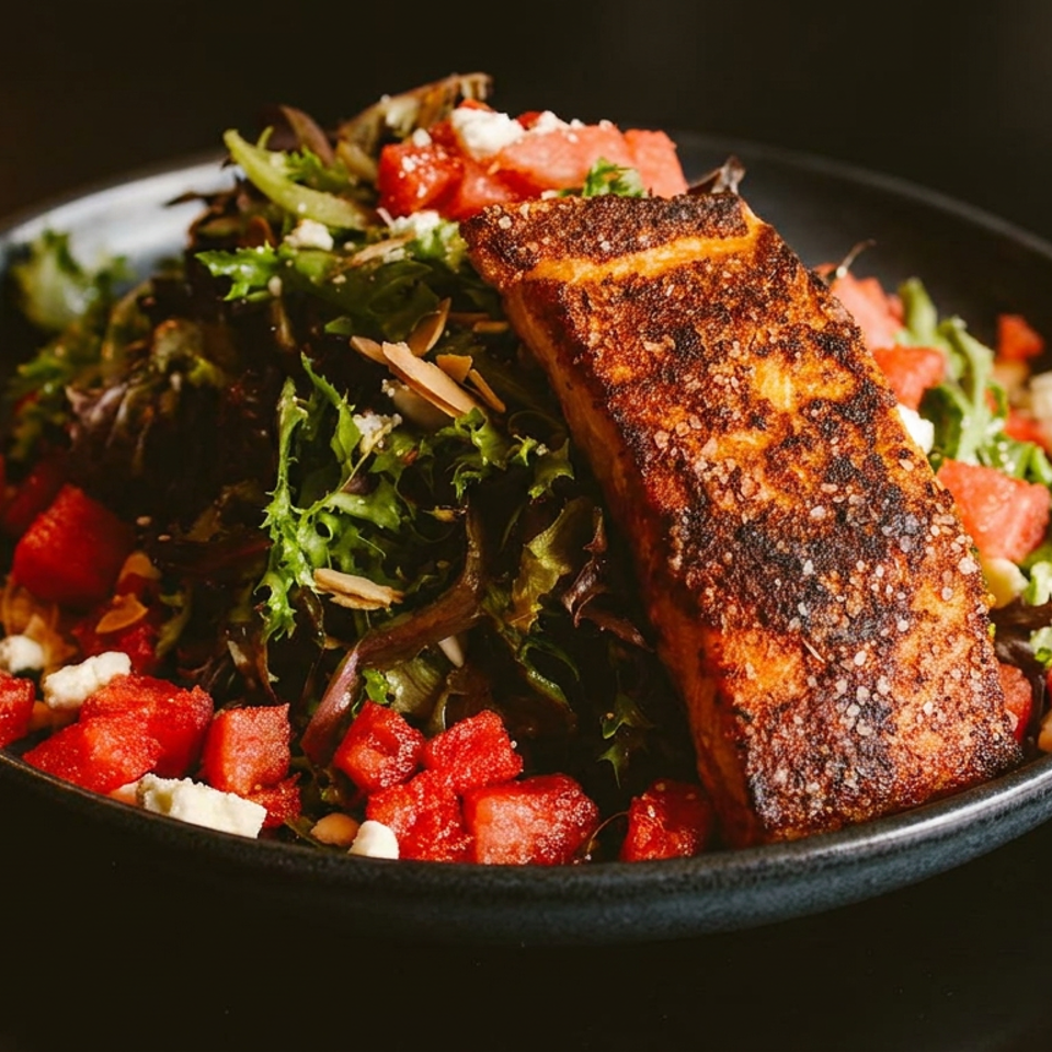 Grilled salmon fillet on a bed of mixed greens, watermelon, feta cheese, and almonds.