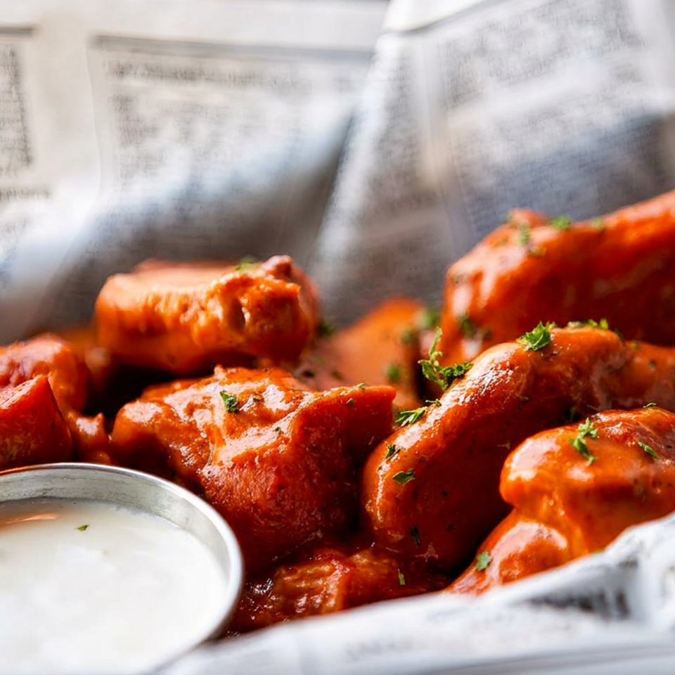 Buffalo wings in a basket lined with newspaper, served with a side of ranch dressing.